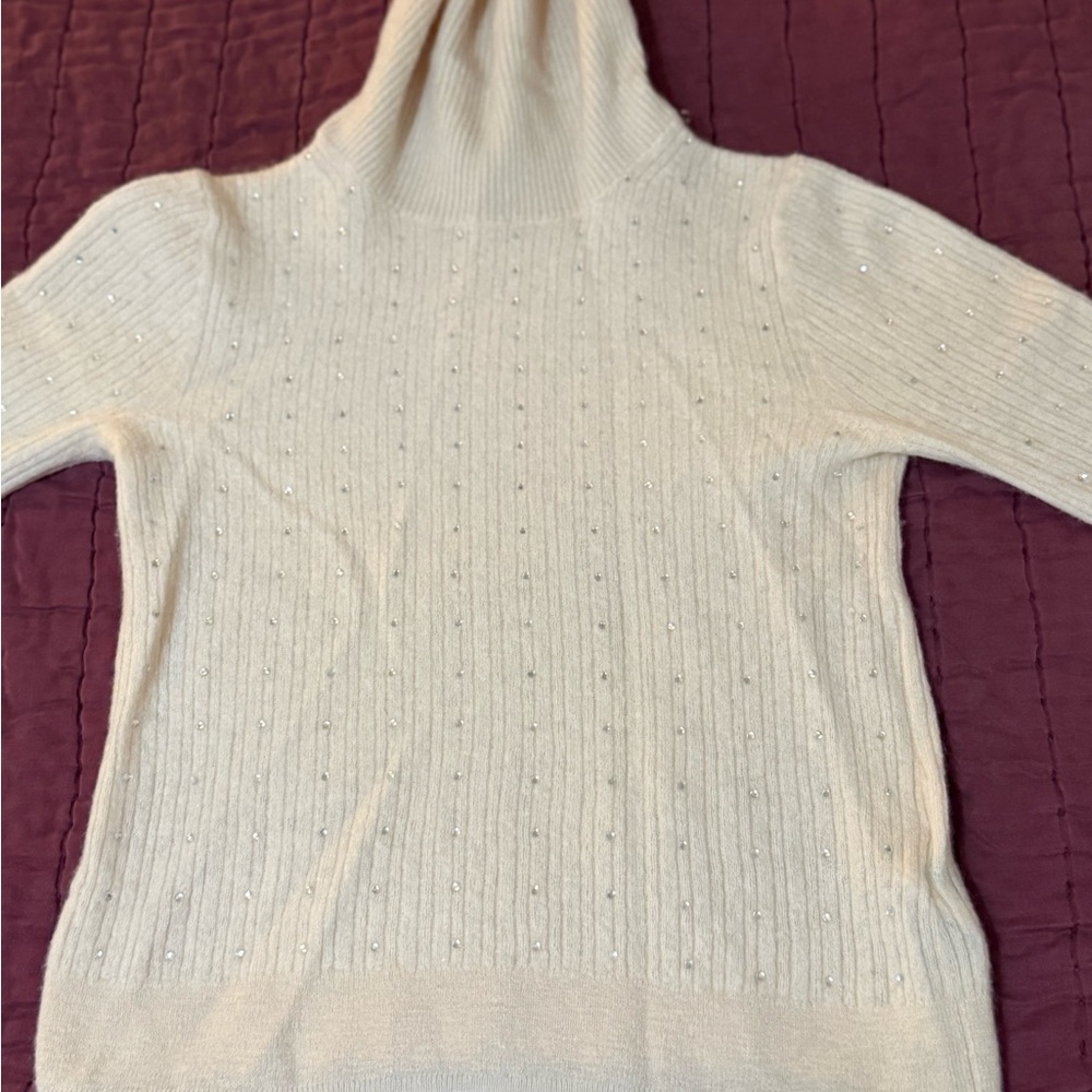 J. Crew Cream Cashmere Turtleneck Sweater with Rhinestones